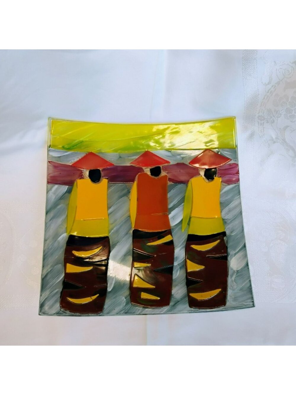 Colorful Fused Glass Art With Abstract Figures in Red Hats, 11.5" Handmade Decor